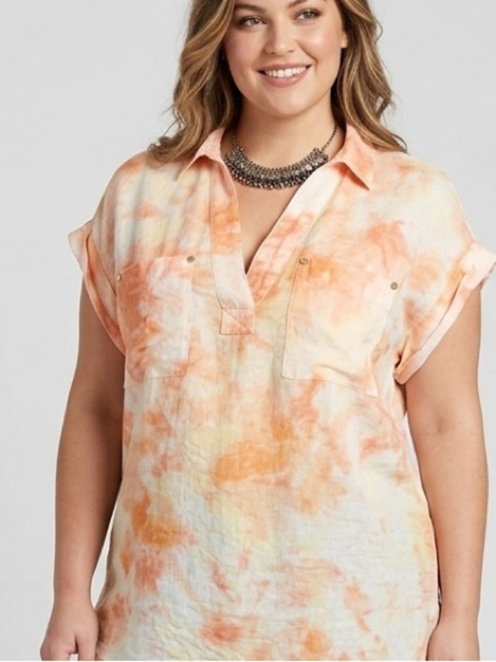 JONES NEW YORK Orange and White Gauzy Short Sleeve Top size XL